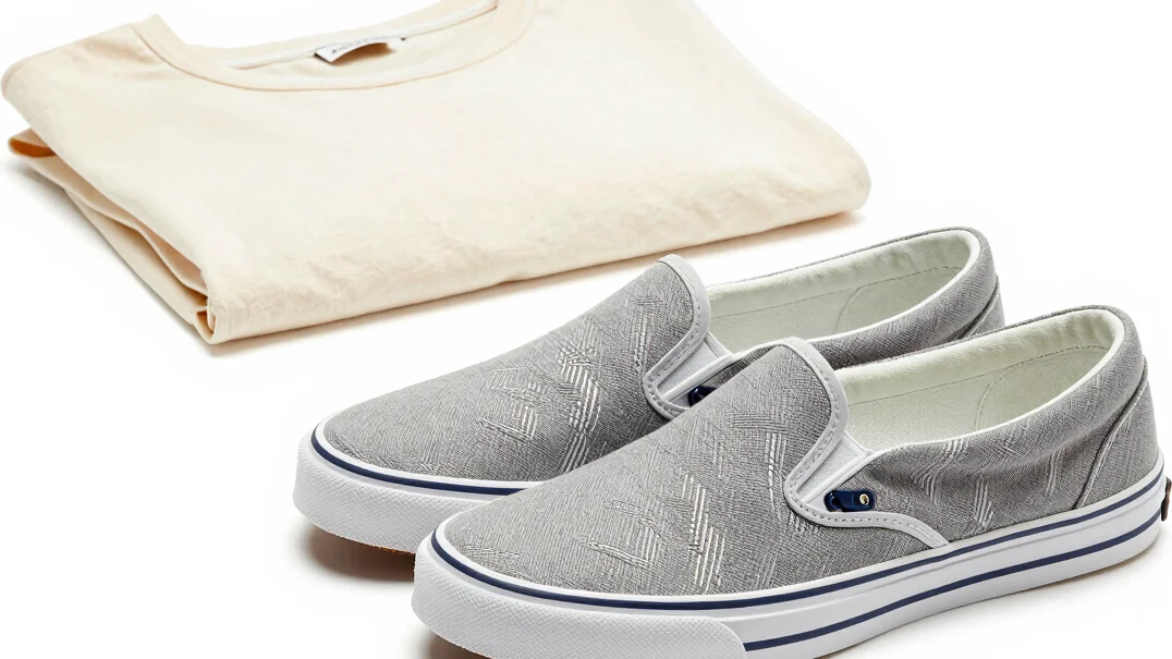 Studio product shot of casual canvas slip-on shoes paired with a