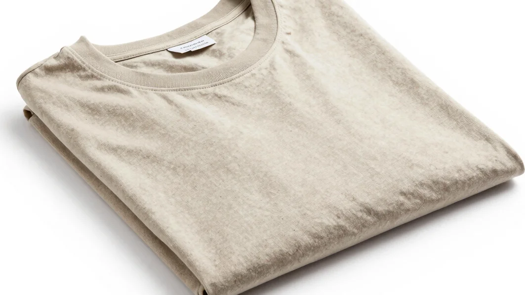 Bright studio photography of folded crewneck t-shirts in neutral